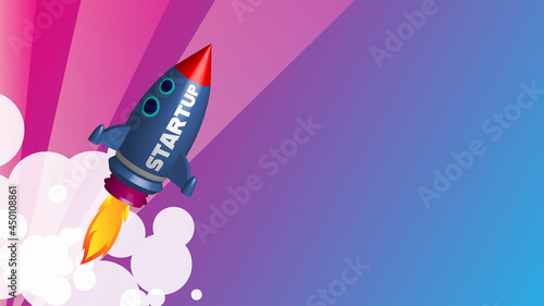Colorful 3D render illustration of an ascending blue rocket with the word STARTUP on and burning fire on a blue and purple background as a symbol for launch, start up, power or business success.