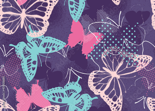 Pixelated graffiti butterflies in a pretty color pallet for girls. Seamless vector patterns are great for backgrounds, wallpaper, and surface designs.