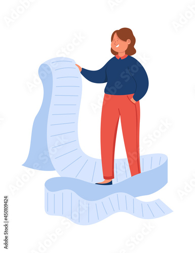Cartoon business woman looking through giant to do list. Flat vector illustration. Female business person checking long shopping list or payment bill. Document, business, work, management concept