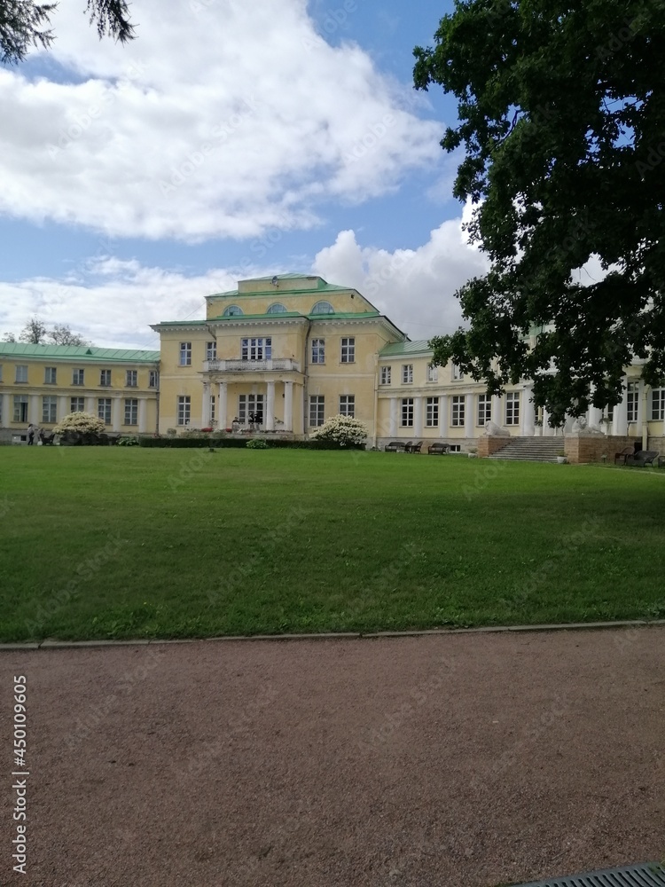 Andrianovo,Leningrad region,Russia-August,8,2021.Manor Marino.Stroganov-Golitsyn's palace and park.huge bushes of  hydrangea with outdoor wicker furniture near yellow manor house with white columns