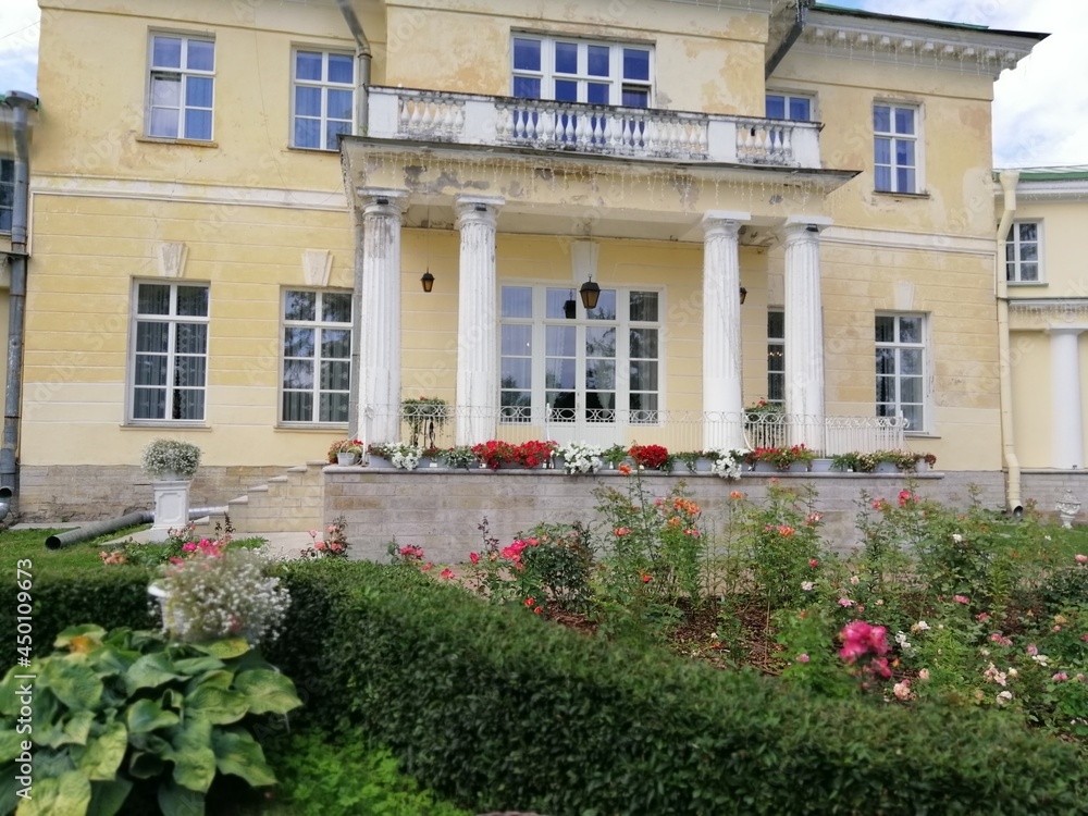 Andrianovo,Leningrad region,Russia-August,8,2021.Manor Marino.Stroganov-Golitsyn's palace and park.huge bushes of  hydrangea with outdoor wicker furniture near yellow manor house with white columns