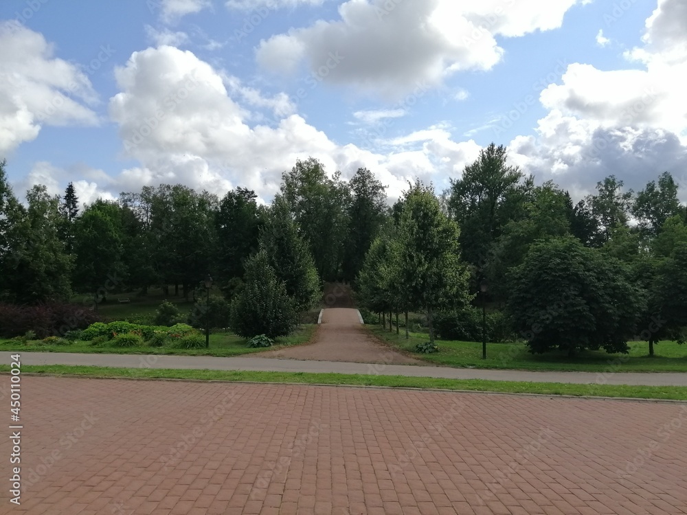 Andrianovo, Leningrad region,Russia-August,8,2021.Manor Marino.Stroganov and Golitsyn palace and park in summer sunny day