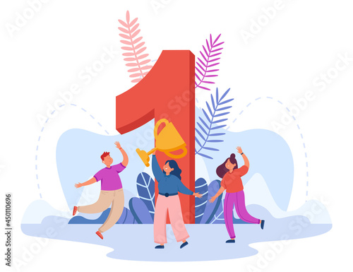 Team of happy cartoon people taking first place. Flat vector illustration. Young winners celebrating victory with cup and giant number one in background. Success, teamwork, competition, trophy concept