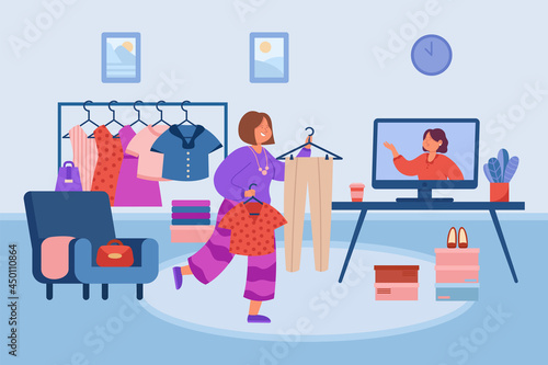 Woman checking her wardrobe in front of computer. Flat vector illustration. Cartoon girl choosing outfit at home, consulting personal stylist online. Wardrobe, style, fashion, clothing concept