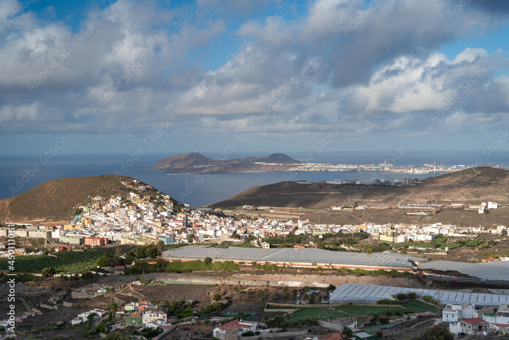 Cityscape. Panoramic view of the city of Las Palmas de Gran Canaria and Arucas from Arucas mountain. Canary Islands
