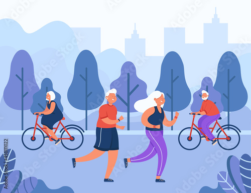 Happy old people doing sport in city park. Flat vector illustration. Active elderly men and women exercising outdoors, riding bikes, jogging. Healthy lifestyle, retirement, sport, nature concept