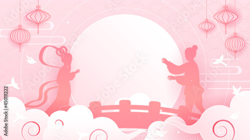 Tanabata or Qixi festival (Chinese Valentine's day) paper art style background Vector illustration. Celebrates meeting of the cowherd and weaver girl