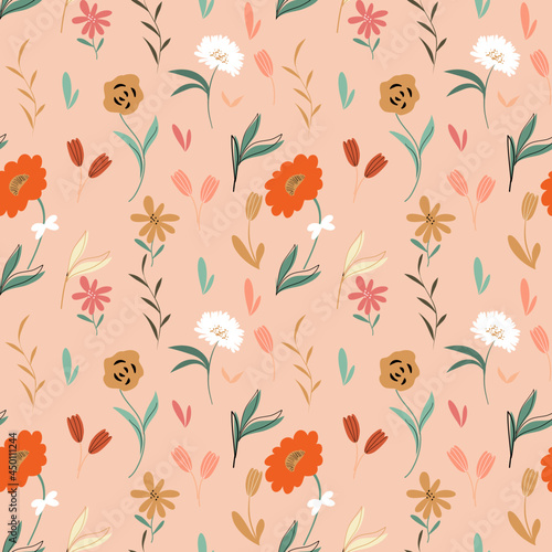 Blooming meadow seamless pattern. Spring summer collection. Trendy color for fashion. wallpapers, and print. A lot of flowers. 