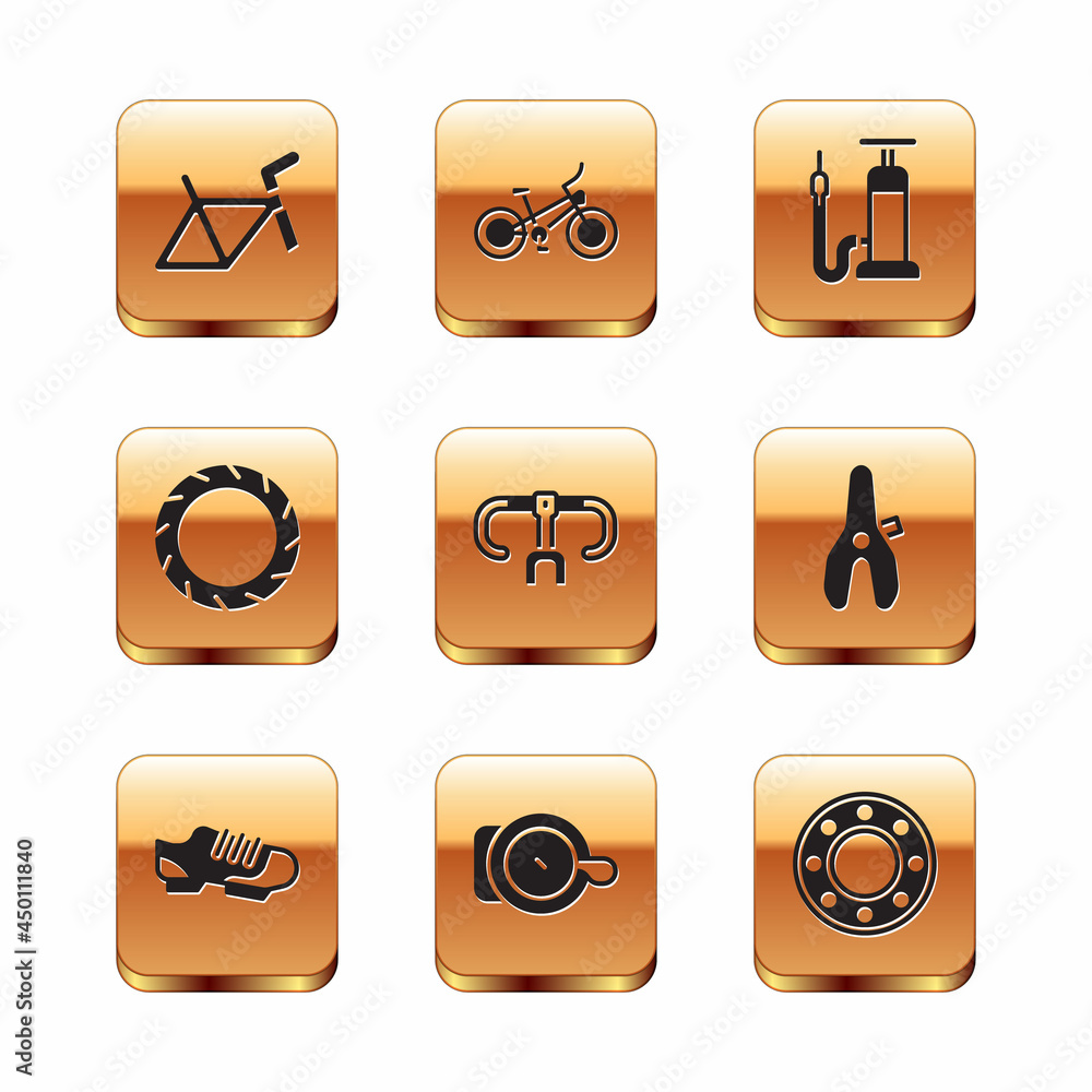 Set Bicycle frame, shoes, bell, handlebar, wheel tire, air pump, ball bearing and icon. Vector Set Bicycle frame, shoes, bell, handlebar, wheel tire, air pump, ball bearing and icon. Vector