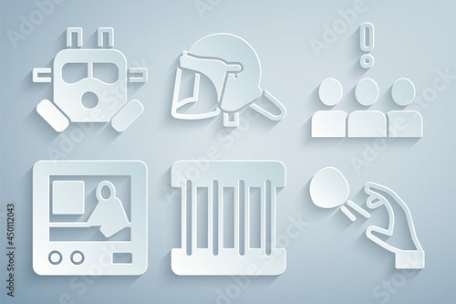 Set Prison window, Crowd protest, Television report, Hooligan shooting stones, Police helmet and Gas mask icon. Vector