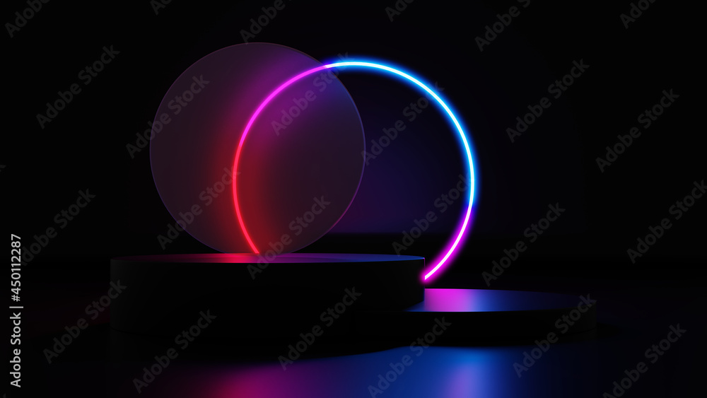 3d render dark purple and pink platform with neon shining and transparent glass rings. Geometric shapes composition with empty space for product design show. 3d render dark purple and pink platform with neon shining and transparent glass rings. Geometric shapes composition with empty space for product design show.