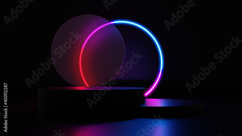 3d render dark purple and pink platform with neon shining and transparent glass rings. Geometric shapes composition with empty space for product design show.