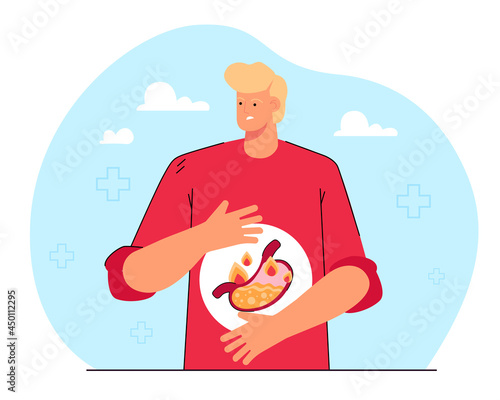 Cartoon man suffering from heartburn. Person with bloating, stomach pain, gastric disease, acid reflux flat vector illustration. Health, gastroenterology, gastritis concept for banner, website design