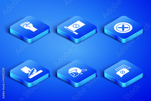 Set Speech bubble chat, Raised hand with clenched fist, Police helmet, Burning car, Protest and X Mark, Cross circle icon. Vector