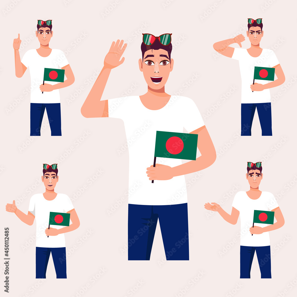 A beautiful man with the Bangladesh flag. A set of fan emotions. Vector illustration on cartoon style.