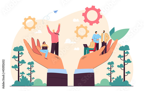 Hands holding team of tiny business persons. Social help or support for workplace community flat vector illustration. Employee care, wellbeing, people management concept for banner, website design