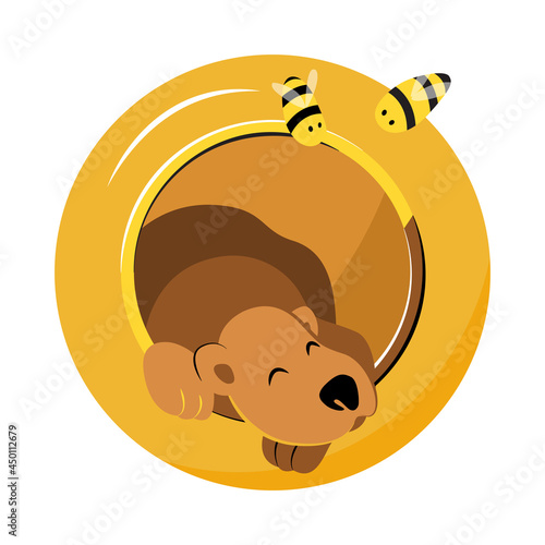 The bear fell asleep in a jar of honey. Natural honey in a jar. Bees with a jar of honey. Illustration in flat graphic style