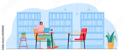 Young girl sitting at desk in library. Lady studying on laptop at table, bookshelves with books by wall, reading room interior flat vector illustration. Education concept for banner, website design