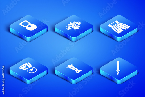 Set Japanese katana, Kettlebell, Award cup, Medal, Punch in boxing gloves and Boxing short icon. Vector