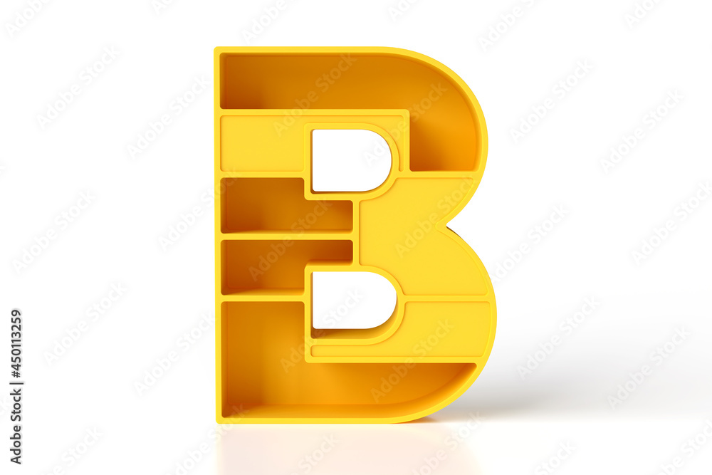 Letter B yellow matte painted. Hi-res and realistic plastic lettering render. Great for headers, posters, advertisements or web projects. 3D rendering. Letter B yellow matte painted. Hi-res and realistic plastic lettering render. Great for headers, posters, advertisements or web projects. 3D rendering.