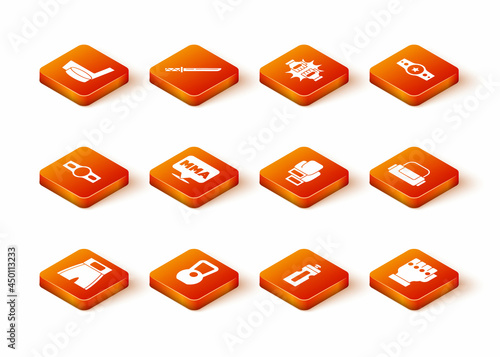 Set Boxing short, Kettlebell, belt, Fight club MMA, Fitness shaker, glove, and Sport bag icon. Vector