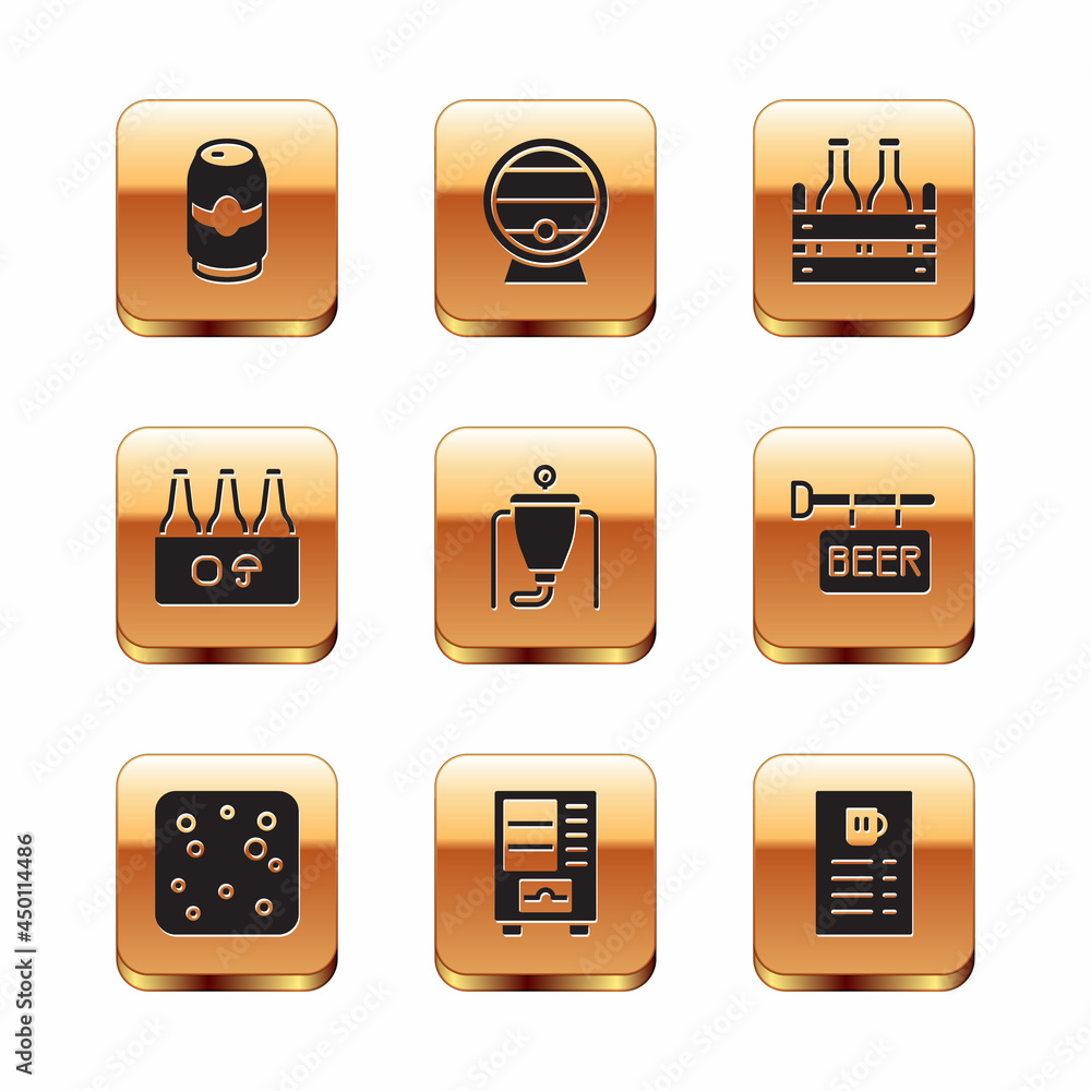 Set Beer can, bubbles, Vending machine, brewing process, Pack of beer bottles, menu and Wooden barrel on rack icon. Vector Set Beer can, bubbles, Vending machine, brewing process, Pack of beer bottles, menu and Wooden barrel on rack icon. Vector