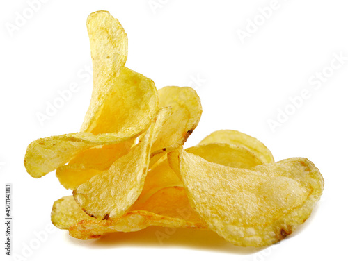 A bunch of potato chips are isolated on a white background.