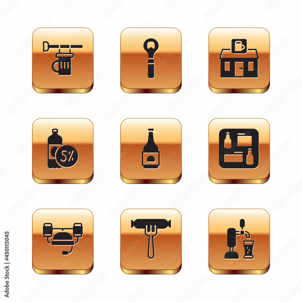 Set Signboard with glass of beer, Beer helmet, Sausage on the fork, bottle, Store building shop, tap and Bottle opener icon. Vector Set Signboard with glass of beer, Beer helmet, Sausage on the fork, bottle, Store building shop, tap and Bottle opener icon. Vector