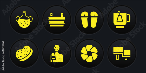Set Bath sponge, Cup of tea with tea bag, Man in the sauna, Flower, Flip flops, Sauna bucket, wood bench and Essential oil bottle icon. Vector