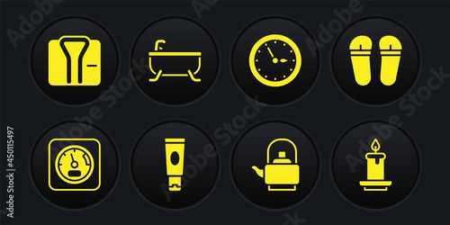 Set Sauna thermometer, Flip flops, Cream or lotion cosmetic tube, Kettle with handle, clock, Bathtub, Aroma candle and Bathrobe icon. Vector