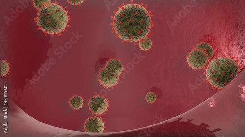 Close-up of dissolving virus under microscope., SARS-CoV-2 COVID-19 pandemic cure or vaccination concept. Realistic high quality medical 3D animation
