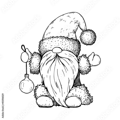 Hand drawn Christmas gnome in Santa Claus costume with Christmas tree ball. Vector illustration in sketch style