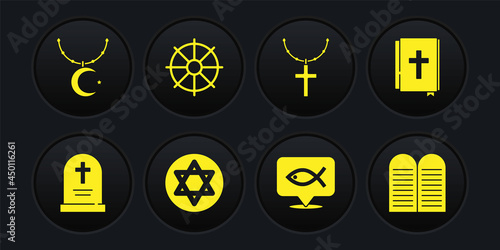 Set Tombstone with cross, Holy bible book, Star of David, Christian fish, chain, Dharma wheel, The commandments and crescent icon. Vector