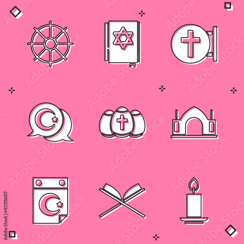 Set Dharma wheel, Jewish torah book, Christian cross, Star and crescent, Easter egg, Hindu spiritual temple, and Holy of Koran icon. Vector