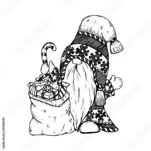 Hand drawn Christmas gnome and bag with presents. Vector illustration in sketch style