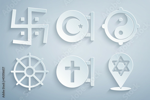 Set Christian cross, Yin Yang, Dharma wheel, Star of David, and crescent and Hindu swastika icon. Vector