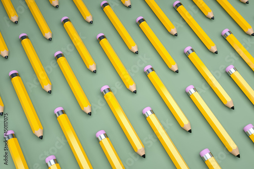 Pattern of pencils on green background. 3d render
