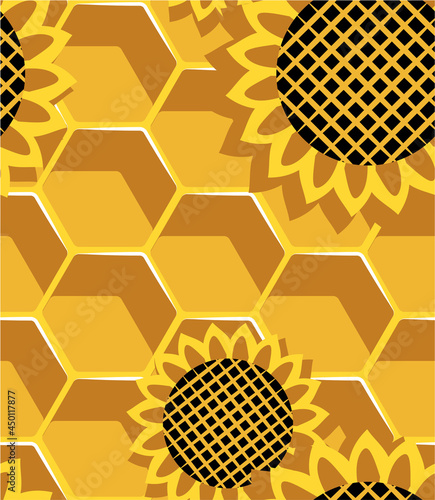 Seamless pattern with sunflower flowers. Honey from sunflower flowers in a honeycomb. Illustration in flat graphic style