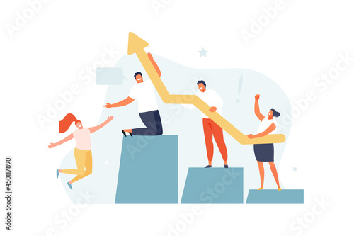 Happy people team hold an arrow. Business growth and success concept. Investments and increased profits. Vector web illustration