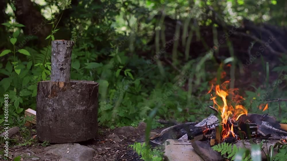 A fire is burning in the forest and firewood is being chopped with an axe A fire is burning in the forest and firewood is being chopped with an axe