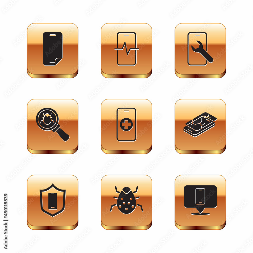 Set Glass screen protector, Mobile with shield, System bug, Phone repair service, and icon. Vector Set Glass screen protector, Mobile with shield, System bug, Phone repair service, and icon. Vector