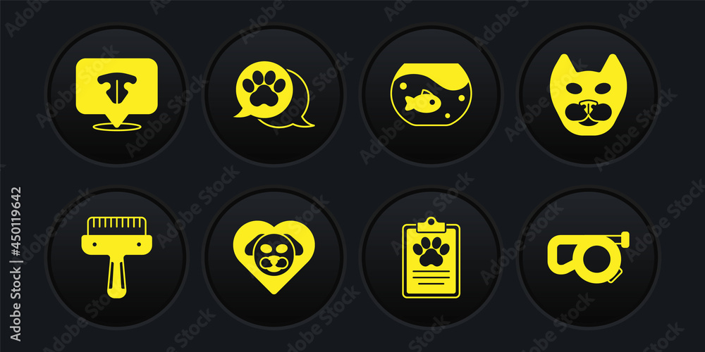 Set Hair brush for dog and cat, Cat, Heart with, Clinical record pet, Aquarium fish, Paw print, Retractable leash and nose icon. Vector Set Hair brush for dog and cat, Cat, Heart with, Clinical record pet, Aquarium fish, Paw print, Retractable leash and nose icon. Vector