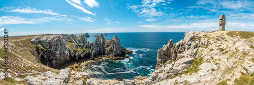 Panoramic in summer on the coast at Pen Hir Point on the Crozon Peninsula in French Brittany, the three famous islets, France