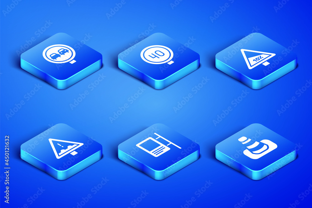 Set Traffic cone, No overtaking road traffic, Road sign, Uneven ahead, Speed limit and Steep ascent and descent icon. Vector Set Traffic cone, No overtaking road traffic, Road sign, Uneven ahead, Speed limit and Steep ascent and descent icon. Vector