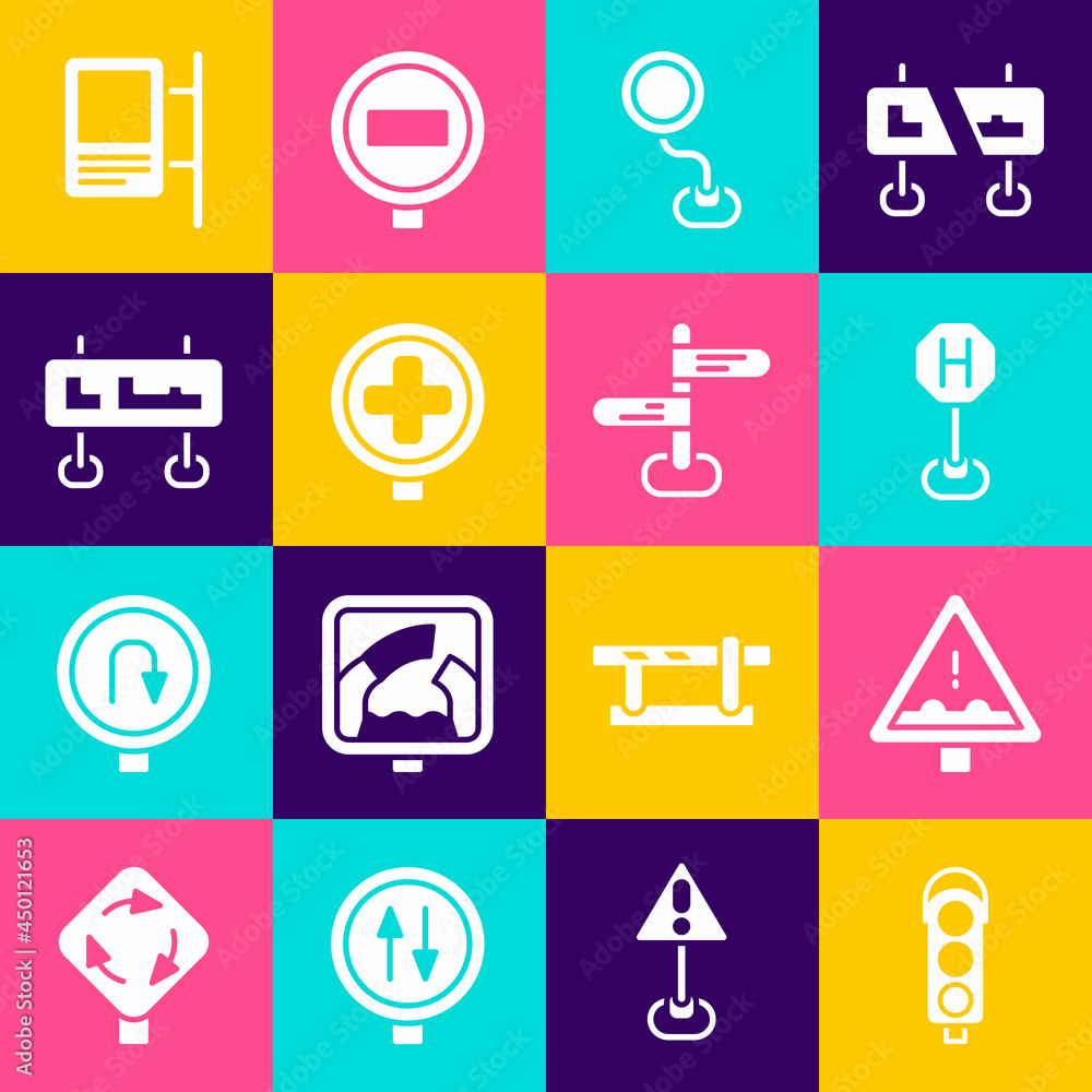 Fototapeta premium Set Traffic light, Uneven road ahead sign, Hospital traffic, Road, and icon. Vector