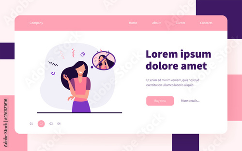 Woman taking antidepressant meds. Happy person with pill from anxious state. Flat vector illustration. Depression, mental disorder, treatment concept for banner, website design or landing web page