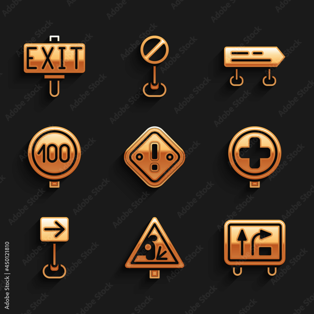 Set Exclamation mark in triangle, Warning road sign, Road traffic, Hospital, Traffic turn right, Speed limit, and Fire exit icon. Vector Set Exclamation mark in triangle, Warning road sign, Road traffic, Hospital, Traffic turn right, Speed limit, and Fire exit icon. Vector