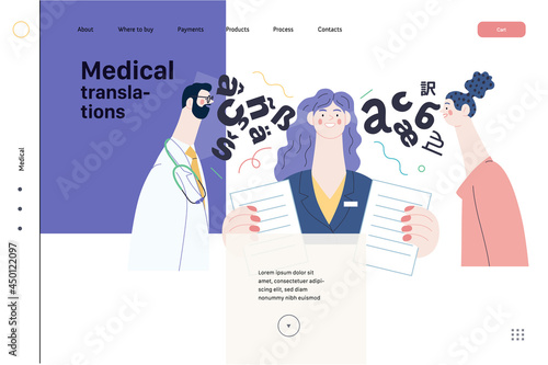 Medical translations - medical insurance web template. Flat vector