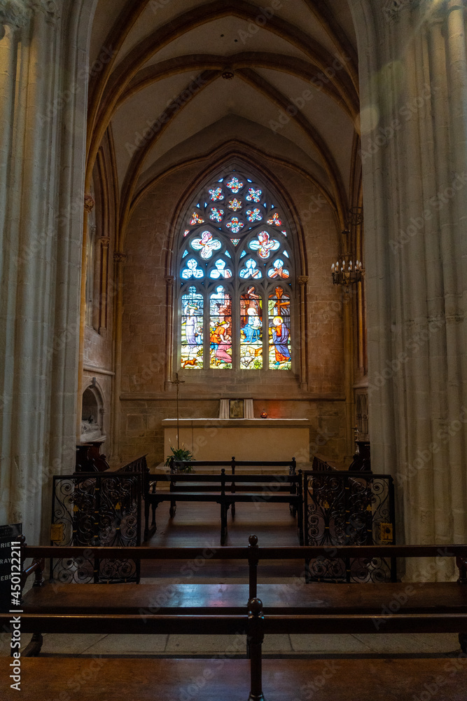Interior of the Saint Corentin cathedral in the medieval village of Quimper in the Finisterre department. French Brittany, France