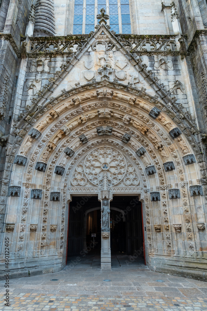 Entrance to the Saint Corentin cathedral in the medieval village of Quimper in the Finisterre department. French Brittany, France